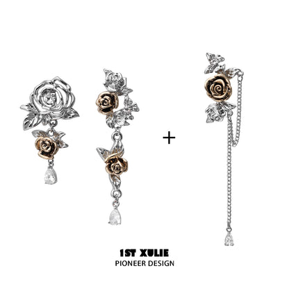 Twilight rose punk earrings featuring floral design with silver and gold accents for a stylish look