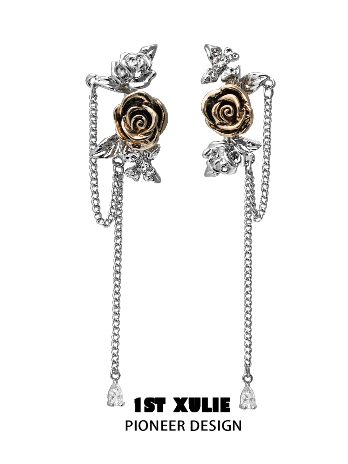 Twilight rose punk earrings designed with silver chains and gold rose accents for a unique look