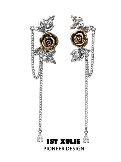 Twilight rose punk earrings designed with silver chains and gold rose accents for a unique look
