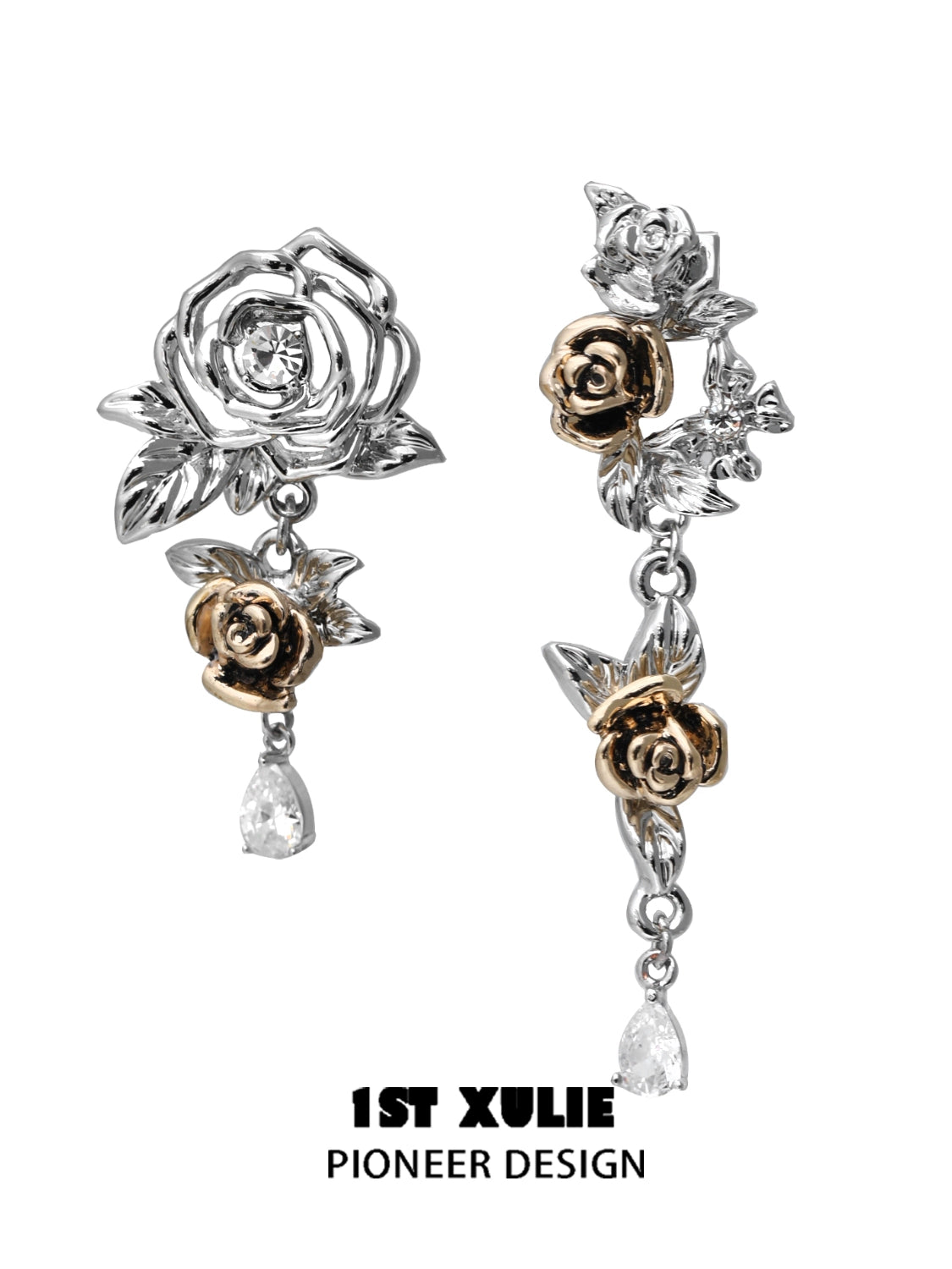 Twilight rose punk earrings featuring silver and gold roses with sparkling accents