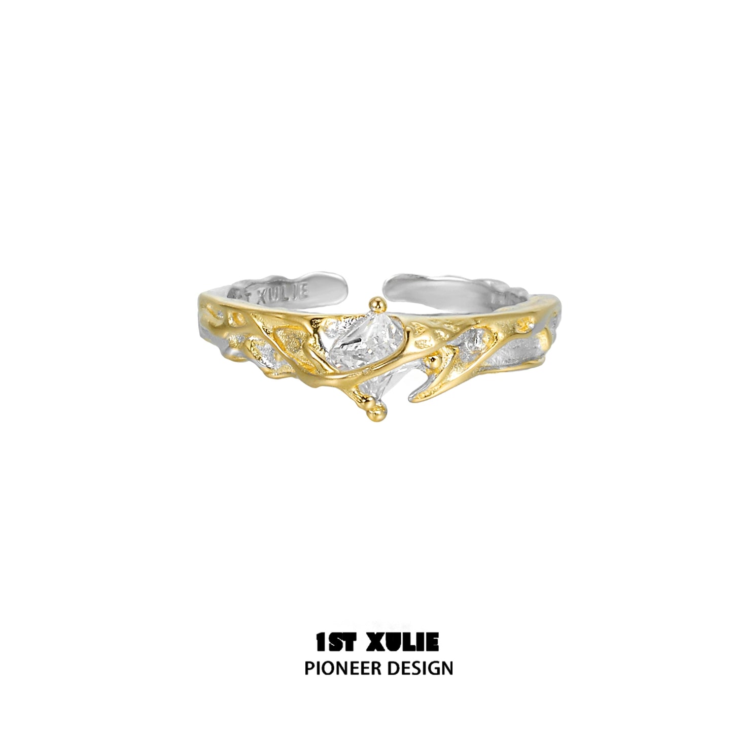 Unique couple rings in silver and gold with a stylish branch design for couples who cherish love