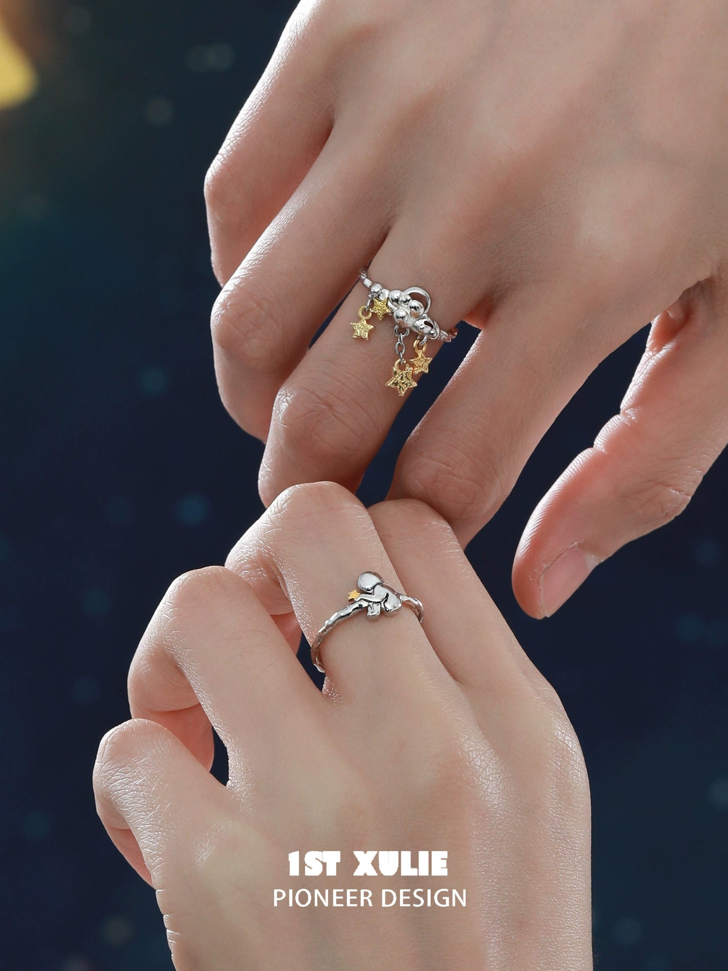 Unique couple rings from 1STXULIE featuring interconnected designs and star accents for couples
