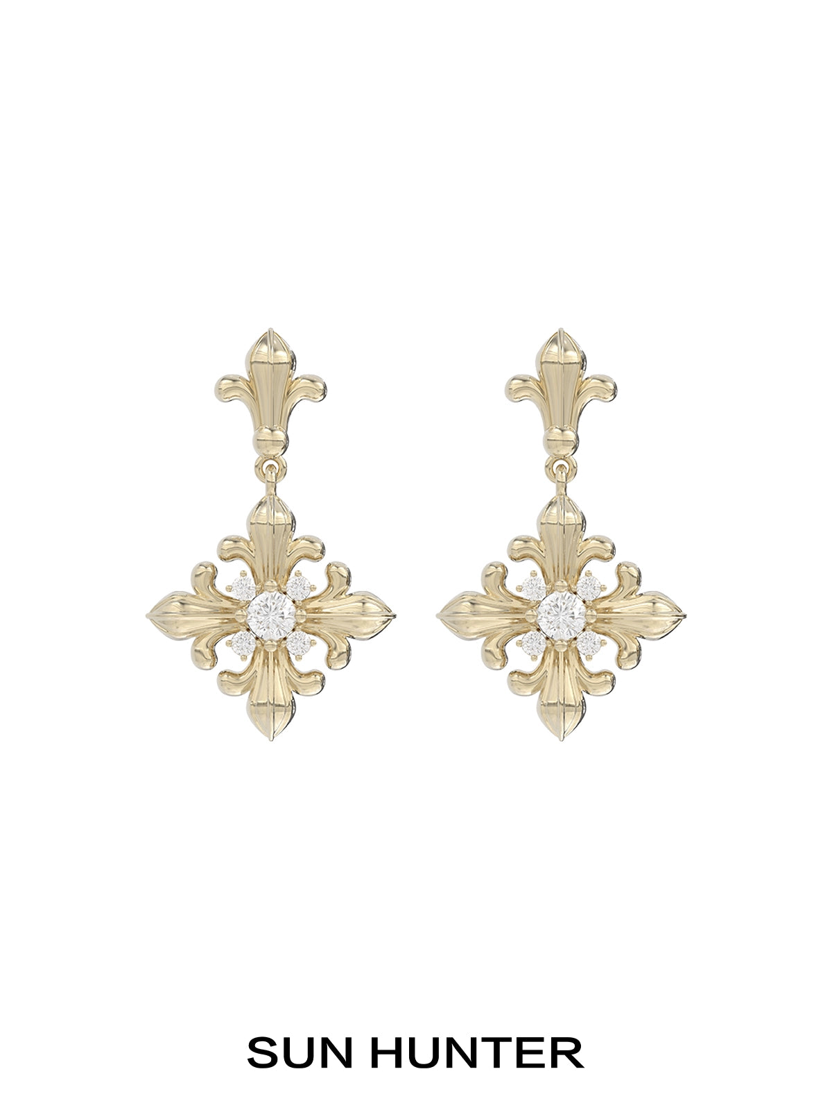 Unique floral drop earrings by SUN HUNTER featuring an elegant gold design with a sparkling center stone