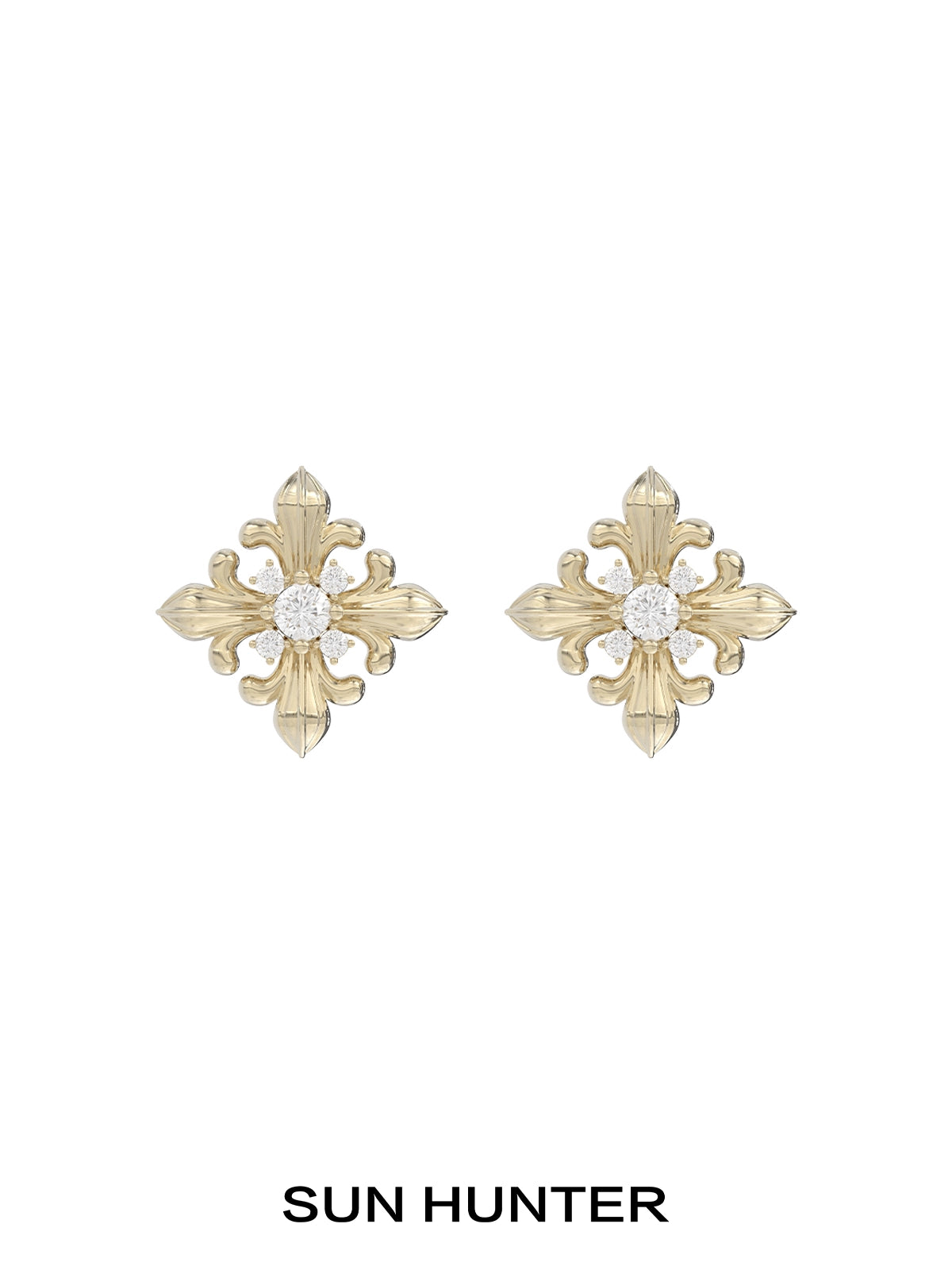 SUN HUNTER unique square stud earrings in gold with intricate floral design and sparkling center stone