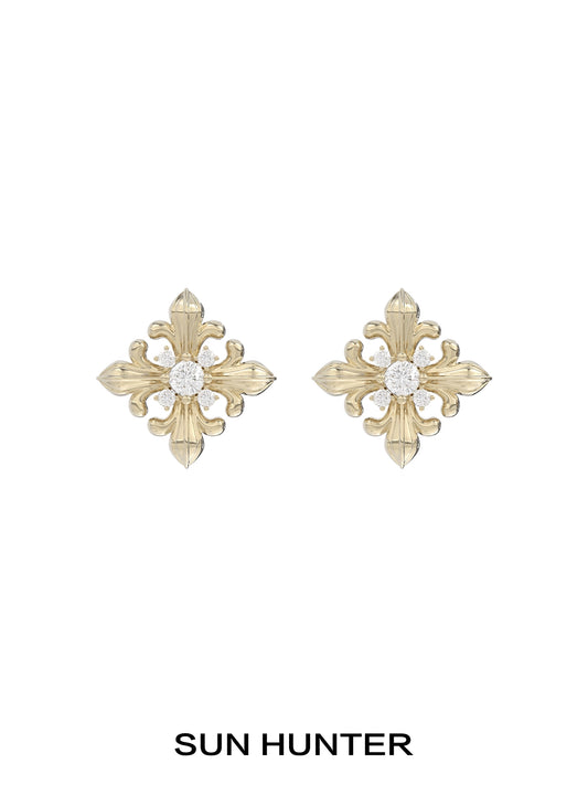 SUN HUNTER unique square stud earrings in gold with intricate floral design and sparkling center stone