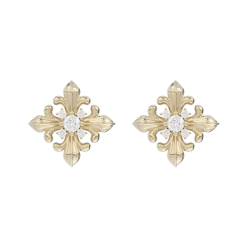 SUN HUNTER unique square stud earrings featuring intricate floral design with sparkling stones