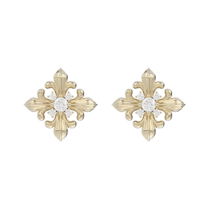 SUN HUNTER unique square stud earrings featuring intricate floral design with sparkling stones