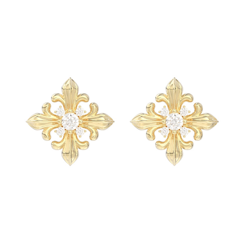 SUN HUNTER unique square stud earrings with intricate floral design and sparkling center stones