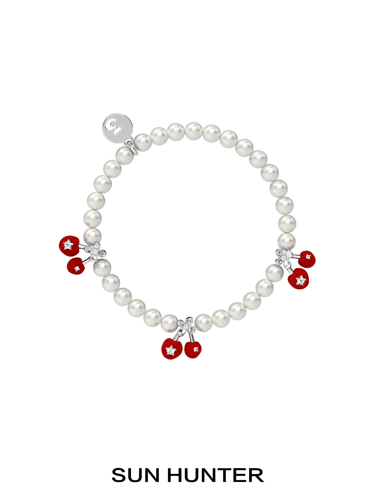 SUN HUNTER velvet cherry pearl bracelet featuring red cherry charms and shimmering pearls