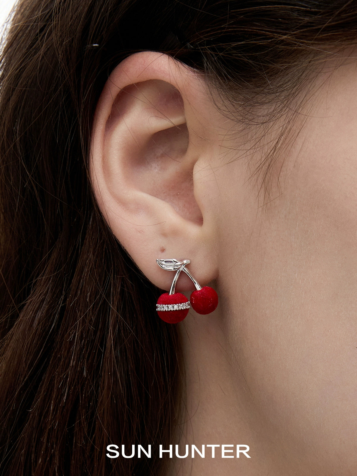 SUN HUNTER velvet cherry stud earrings with silver detailing for a stylish and playful look