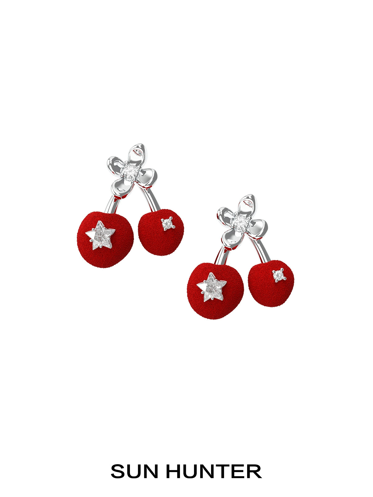 SUN HUNTER velvet cherry stud earrings with sparkling star details for a playful look