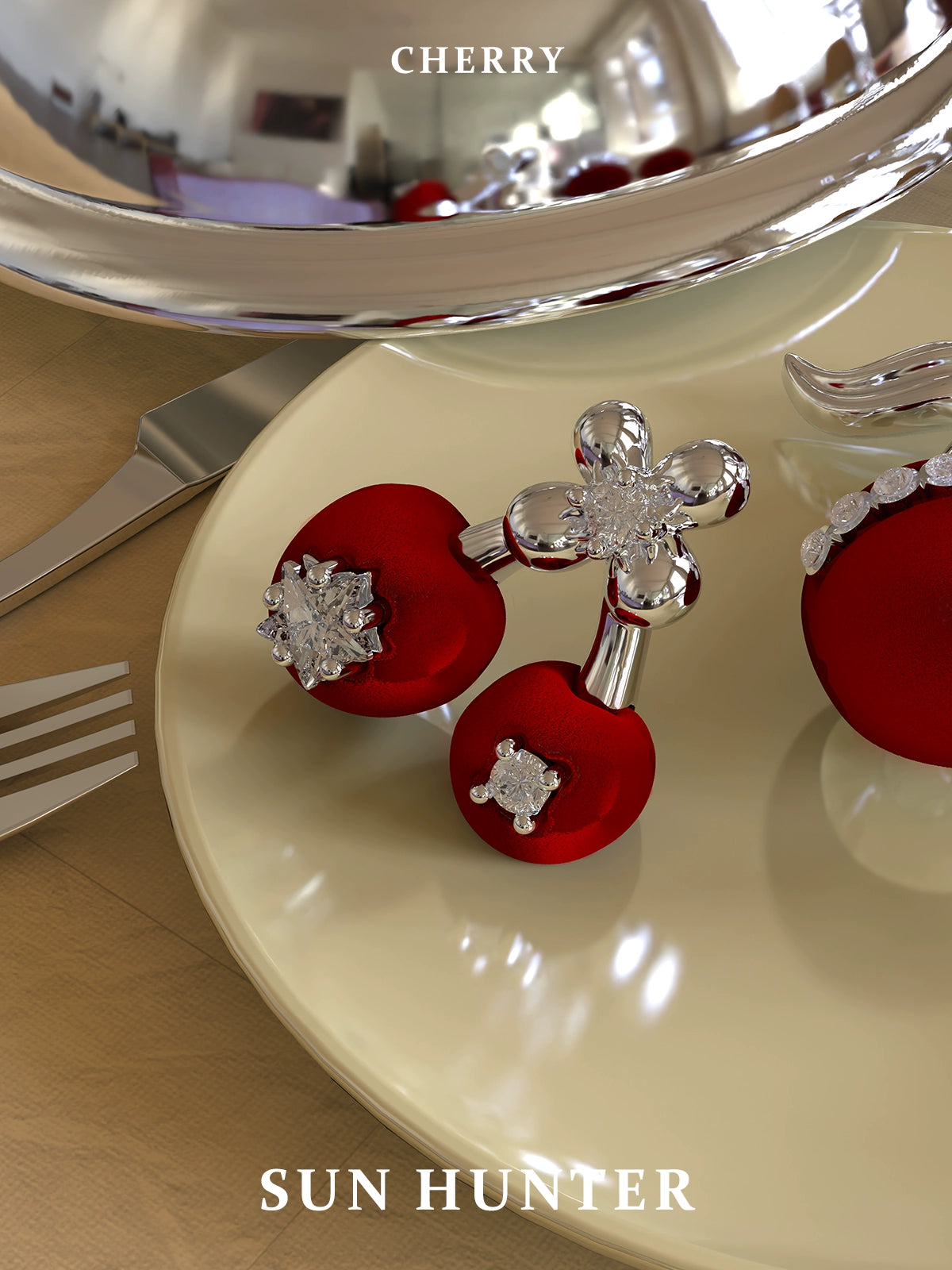 SUN HUNTER velvet cherry stud earrings featuring elegant designs and sparkling accents