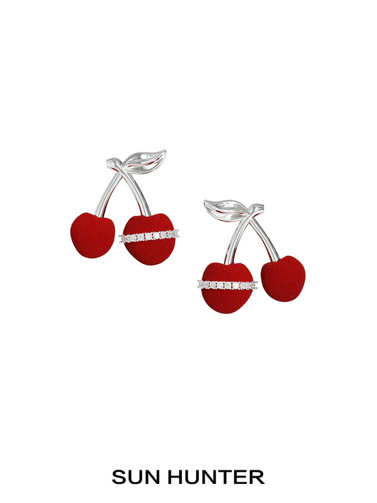 SUN HUNTER velvet cherry stud earrings with silver detailing and a stylish design