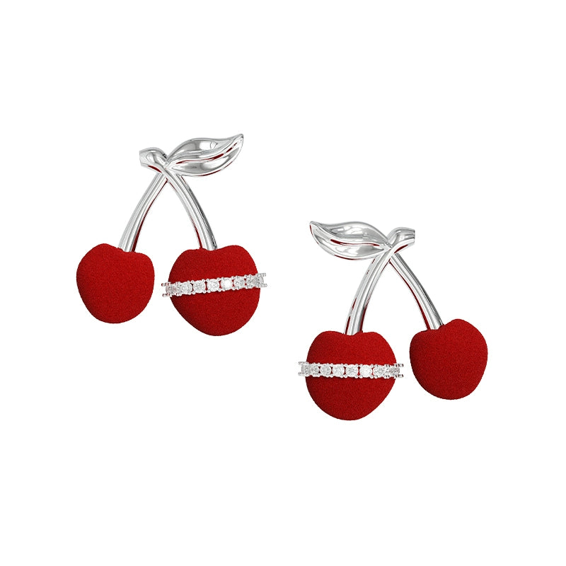Elegant velvet cherry stud earrings featuring sparkling accents and silver leaf details