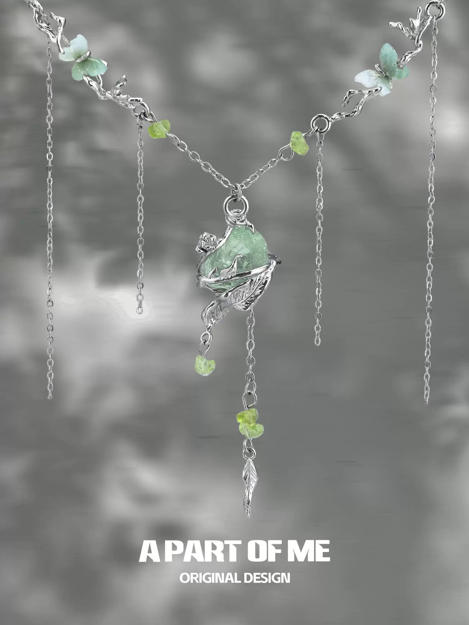 A PART OF ME forest fairy fluorite necklace with silver chains and delicate green accents