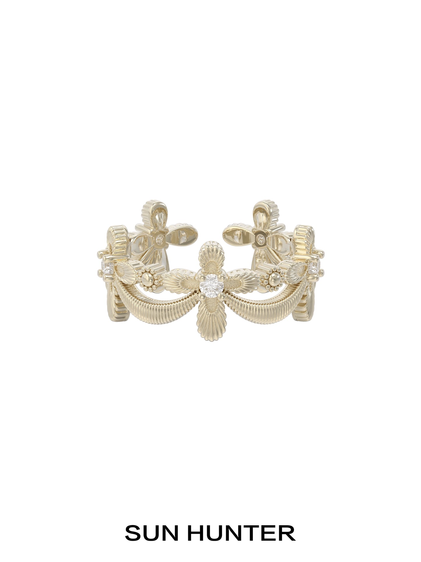 Elegant SUN HUNTER shimmer cross ring featuring intricate detailing and a sparkling center stone