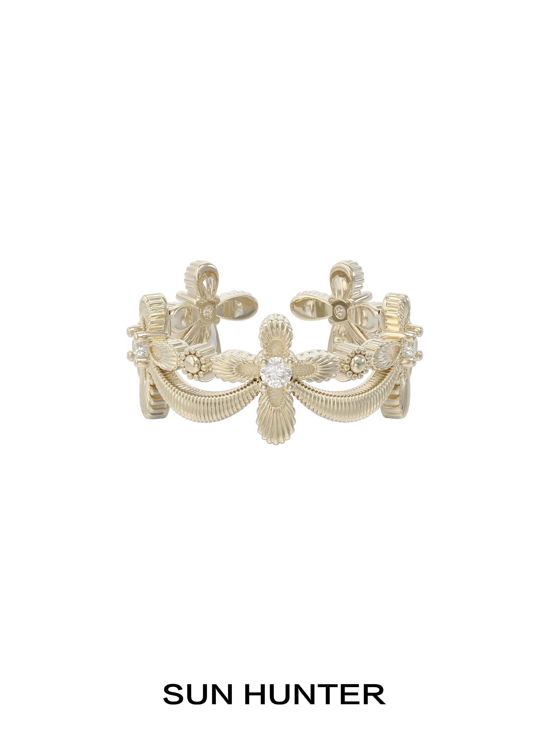Elegant SUN HUNTER shimmer cross ring featuring intricate detailing and a sparkling center stone