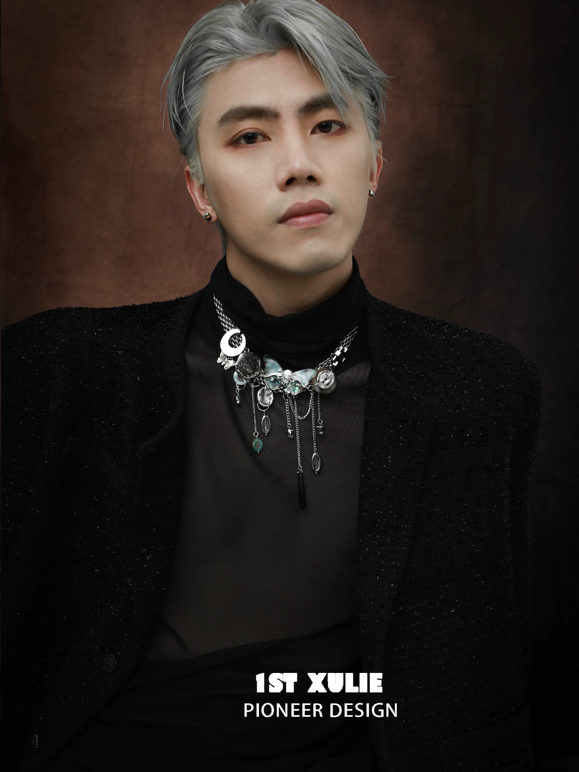 Model wearing a vintage butterfly necklace from 1ST XULIE with intricate designs and vibrant colors