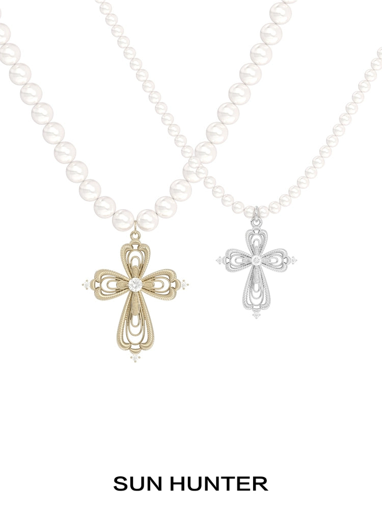 SUN HUNTER vintage cross pearl necklace featuring elegant cross pendant and pearl beads