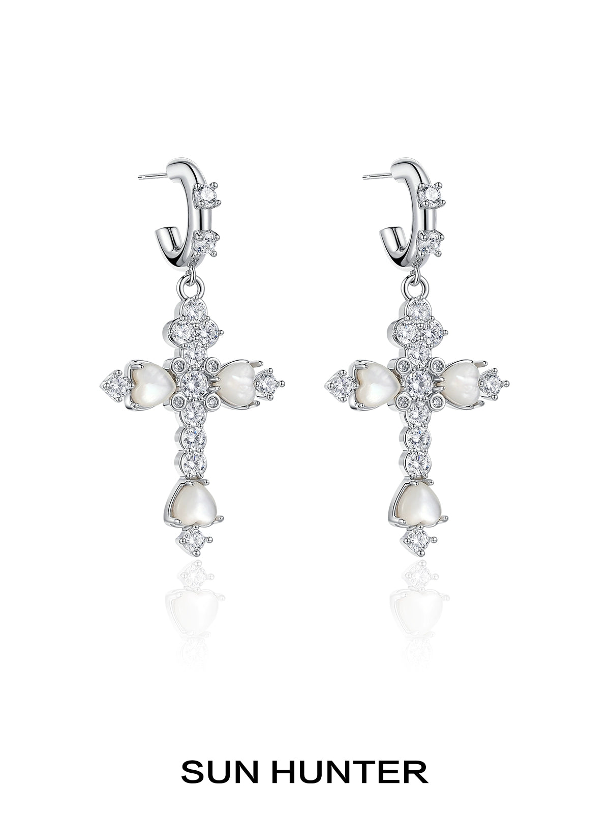 Elegant SUN HUNTER vintage cross zircon earrings with pearl accents and sparkling details
