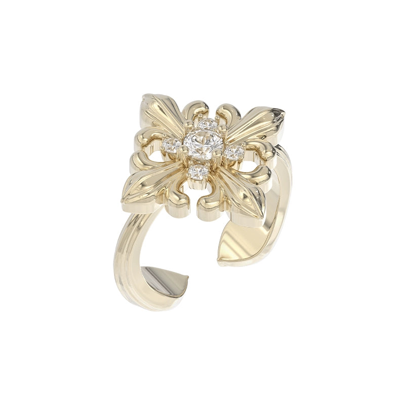 Elegant SUN HUNTER vintage iris square ring with floral design and sparkling center stone