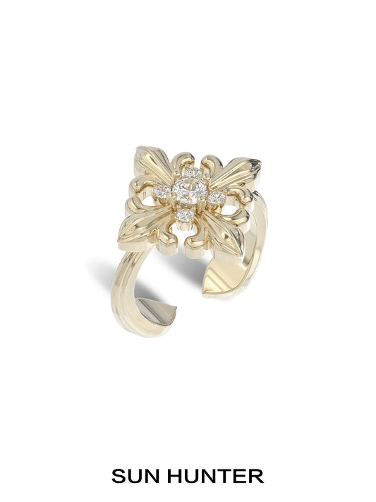 Sun Hunter vintage iris square ring featuring a floral design with sparkling center stone