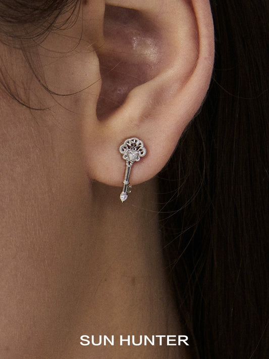 Elegant SUN HUNTER vintage lace key earrings showcased on a model's ear for a classic look