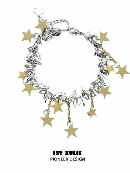 Vintage star tassel silver bracelet featuring gold stars and intricate metal design for a stylish look