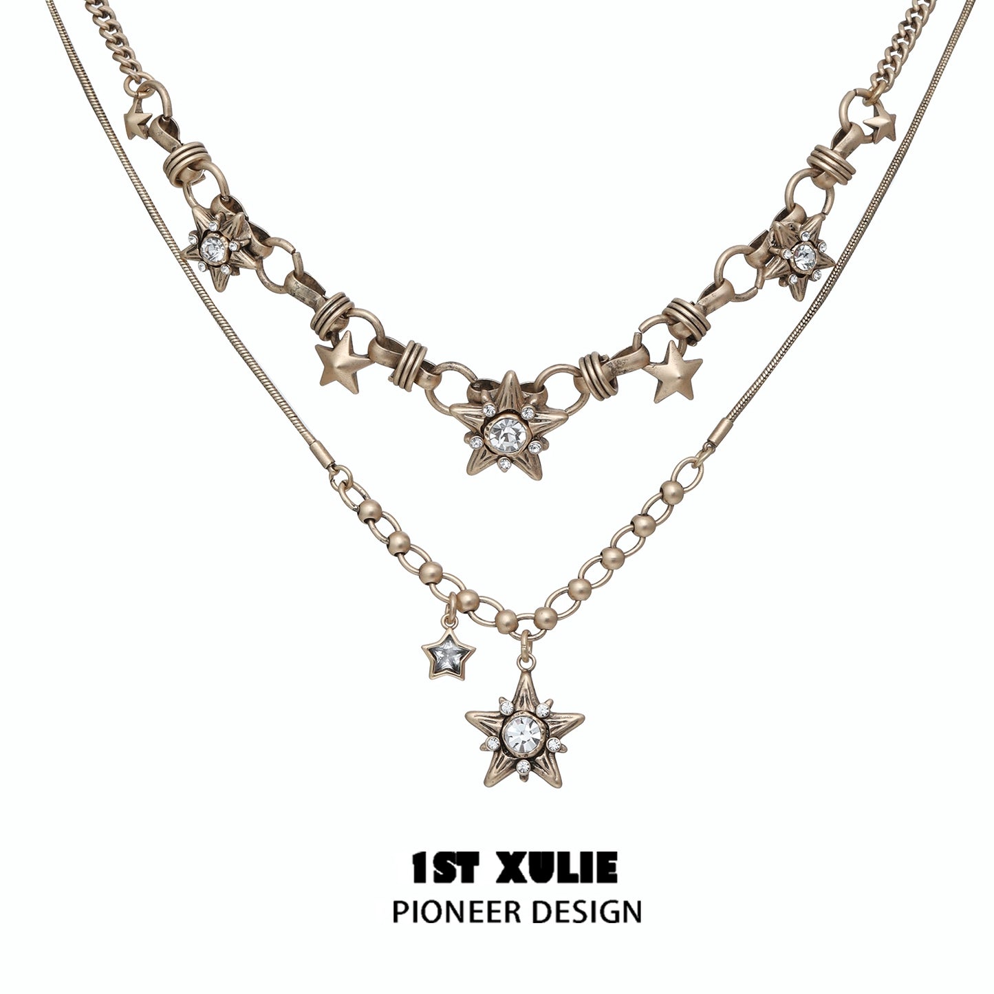 Vintage starlight pendant necklace with star charms and sparkling crystals from 1ST XULIE