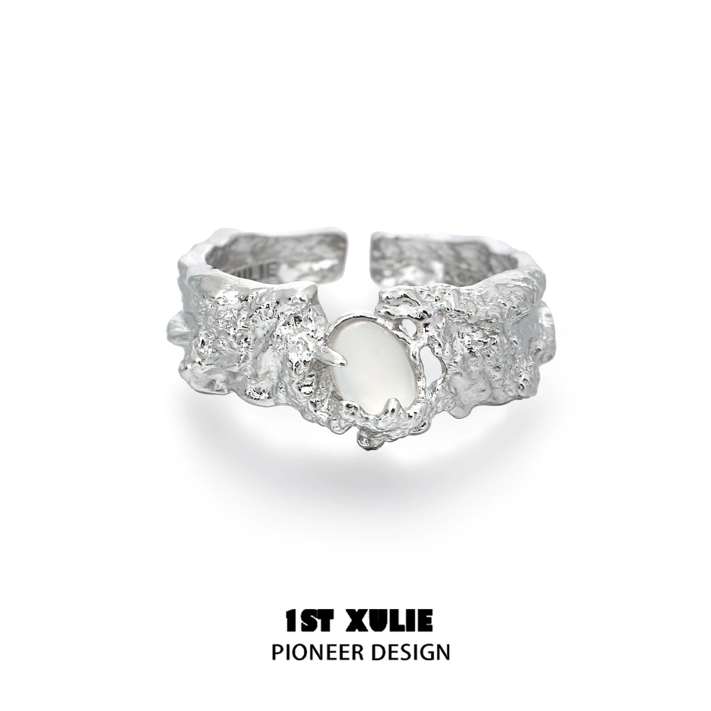 Unique 1ST XULIE White Agate Ring with a Textured Silver Band Design