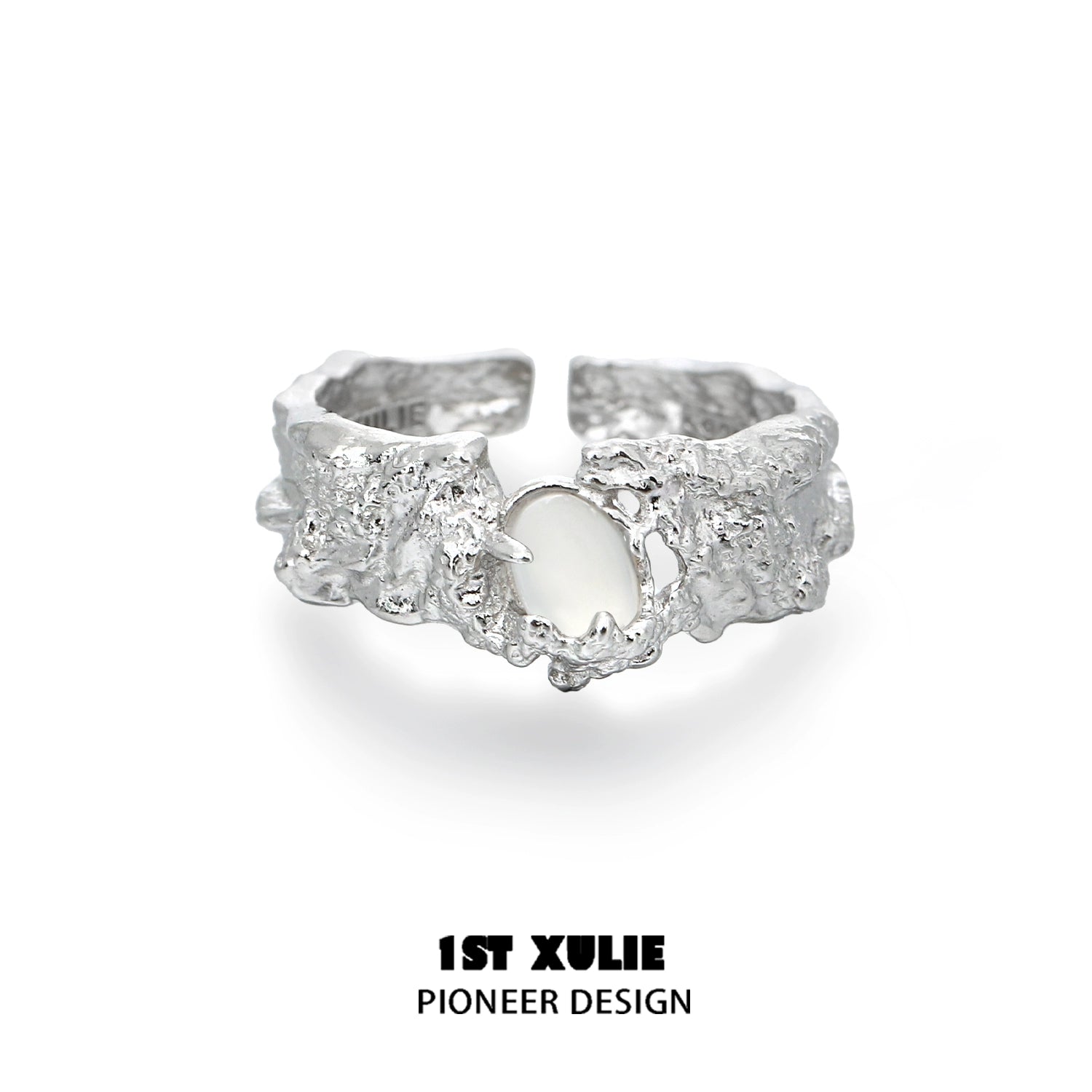 Unique 1ST XULIE White Agate Ring with a Textured Silver Band Design