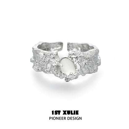 Unique 1ST XULIE White Agate Ring with a Textured Silver Band Design
