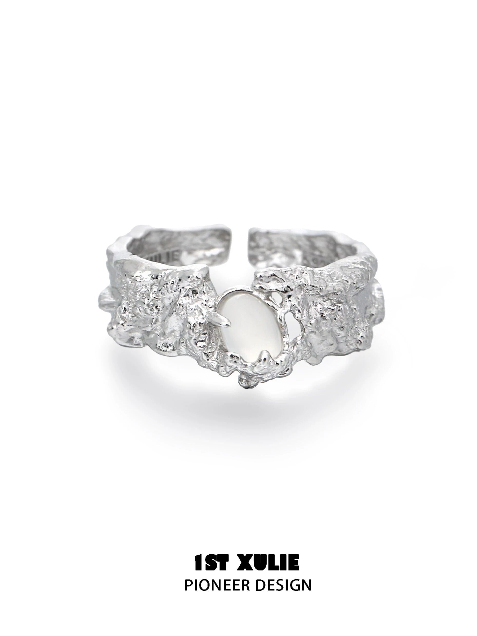 Stylish white agate ring with a unique textured design in silver by 1ST XULIE