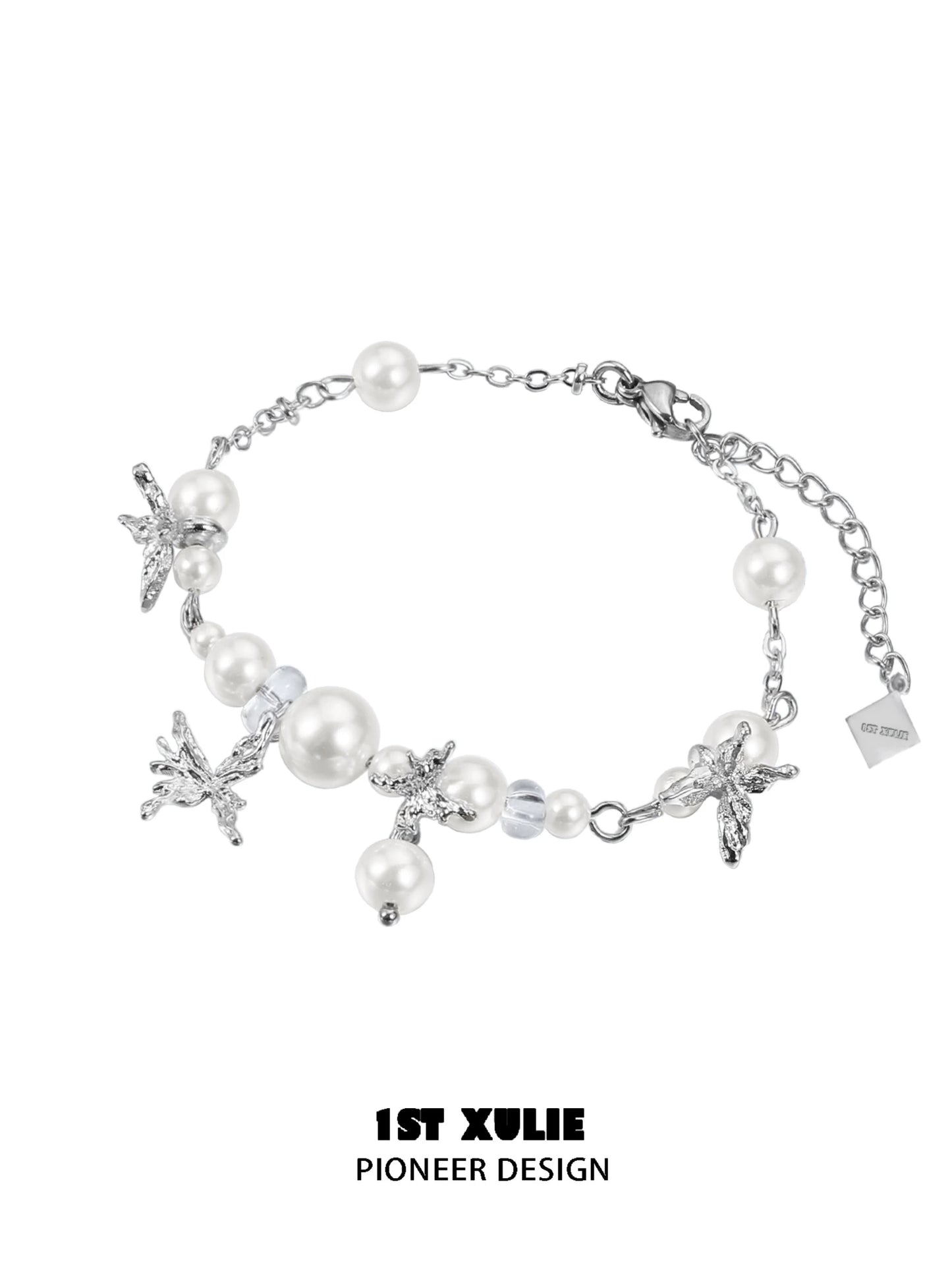 1ST XULIE white butterfly pearl bracelet with elegant silver accents and decorative butterfly charms