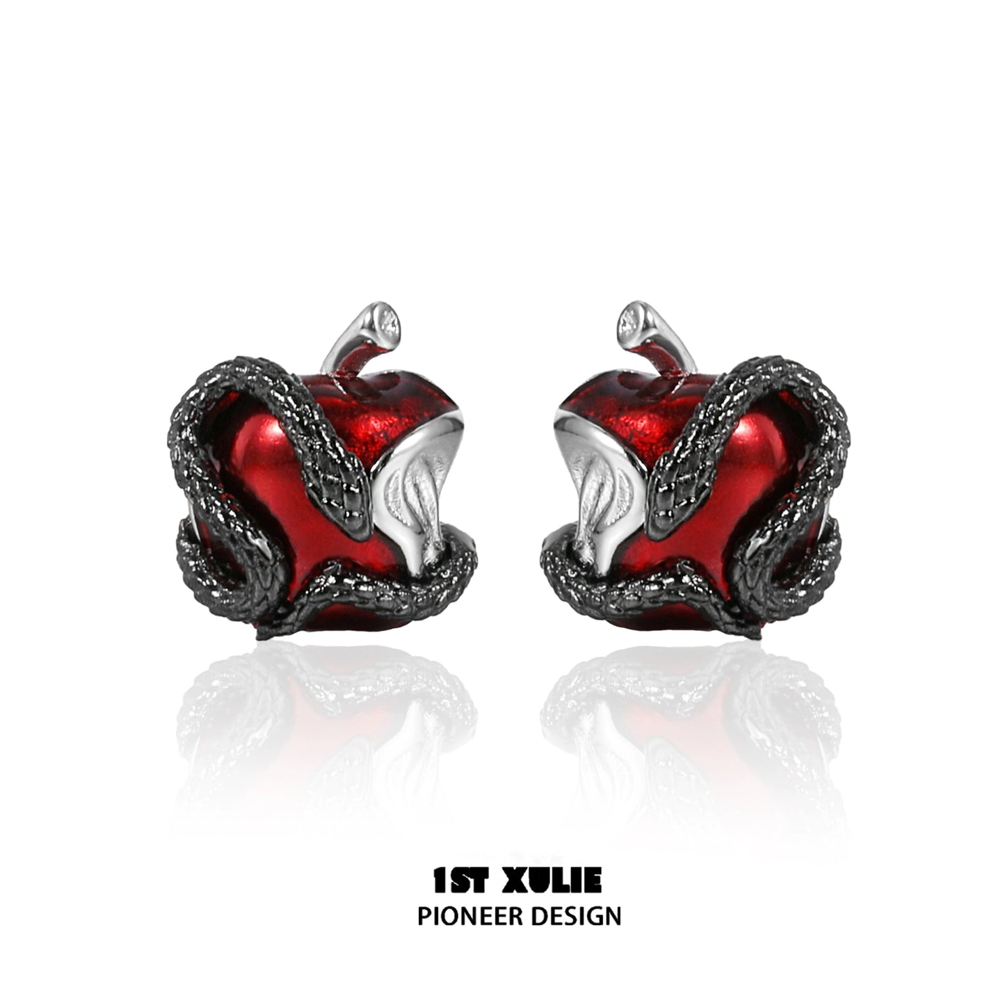 Wicked apple snake ear studs featuring a red apple design with intricate snake detailing