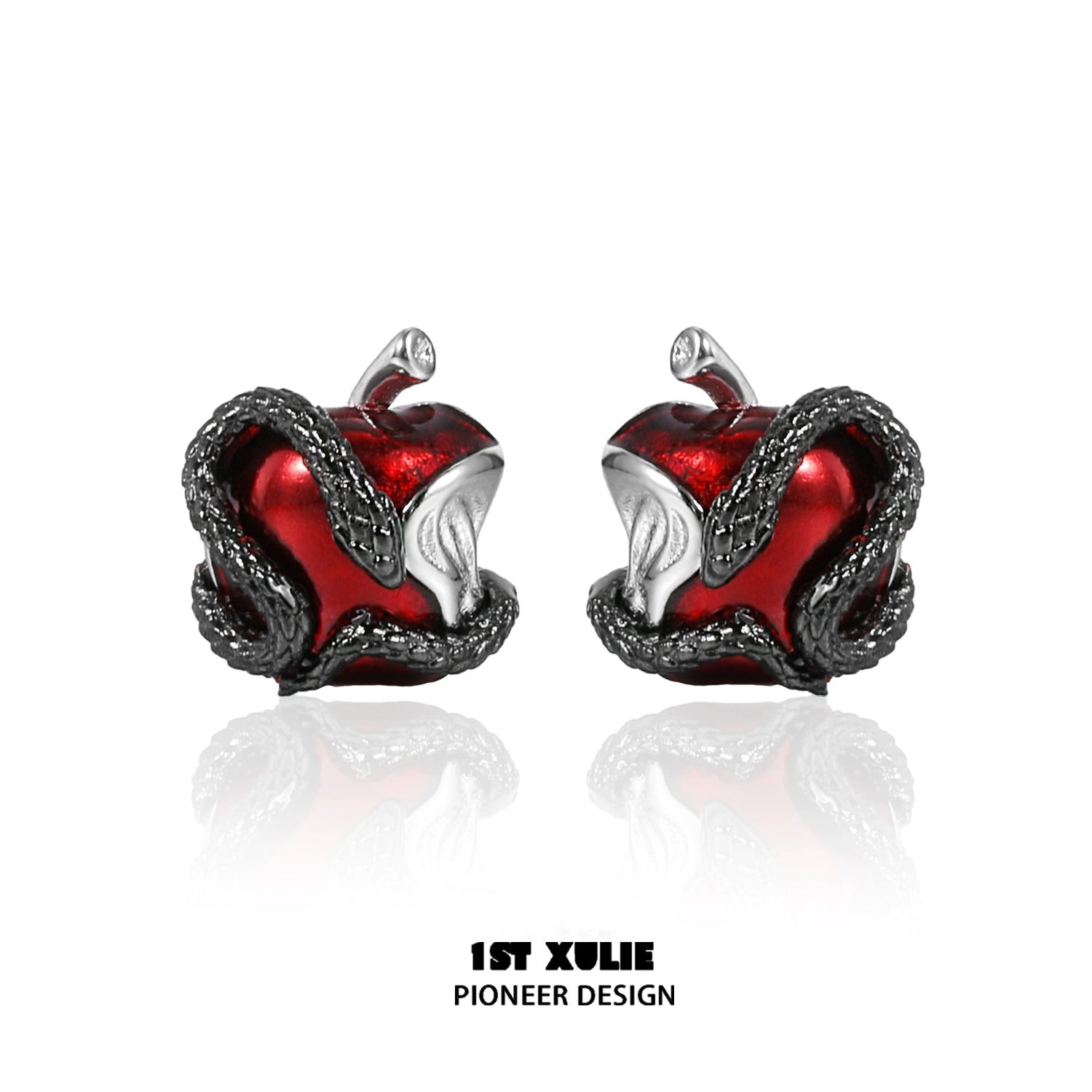 Wicked apple snake ear studs featuring a red apple design with intricate snake detailing