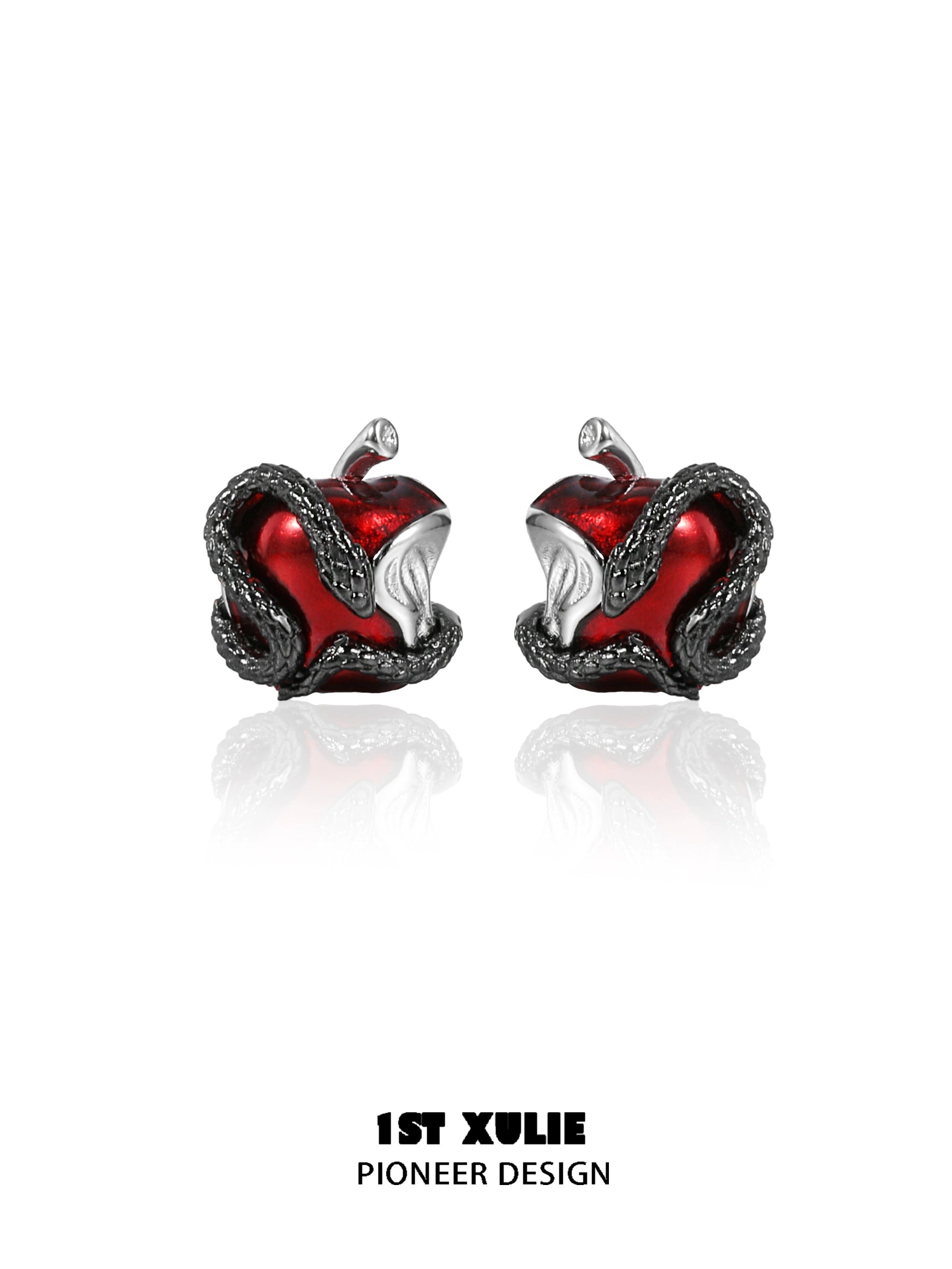 Wicked apple snake ear studs with red apple and serpent design for a bold statement