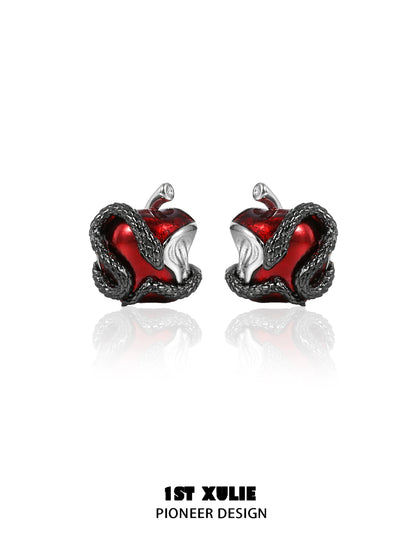 Wicked apple snake ear studs with red apple and serpent design for a bold statement