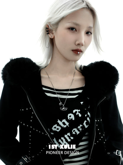 Model wearing Y2K black cat ear cuffs paired with a stylish black jacket and striped shirt