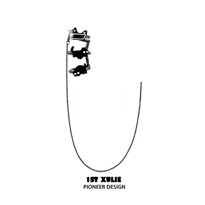 Y2K black cat ear cuffs with a stylish design and connecting chain for a unique look