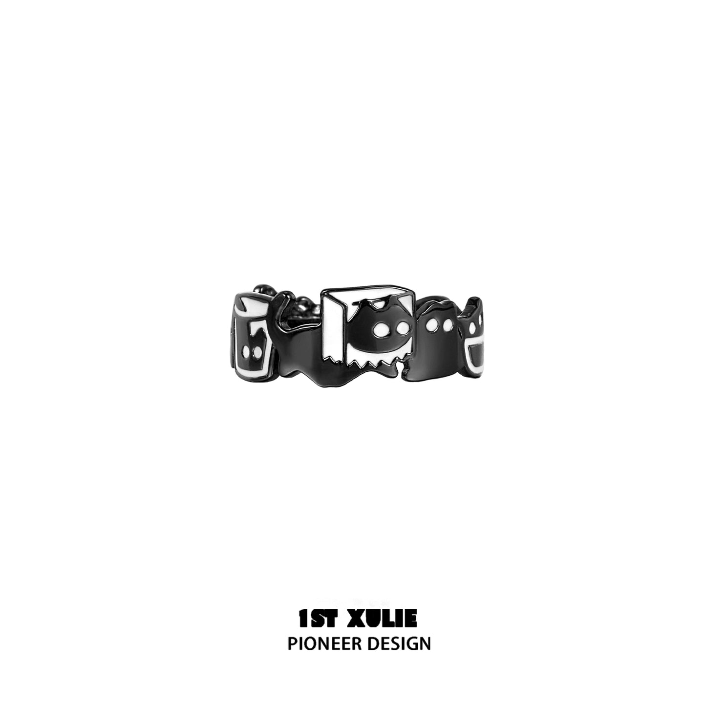 Y2K black cat ring from 1STXULIE featuring playful ghost designs in a sleek black finish
