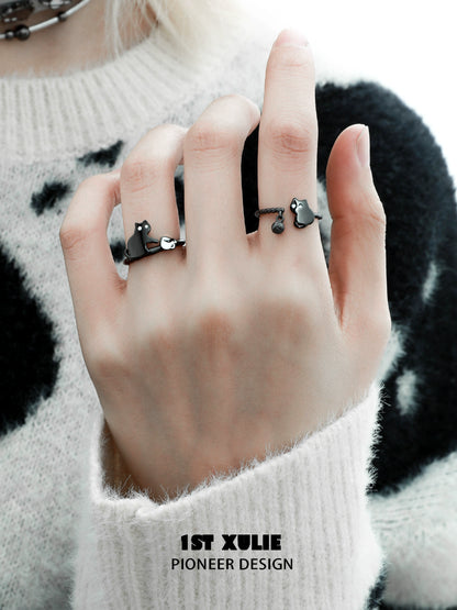 Y2K black cat ring set with unique designs featuring a cat silhouette and heart details