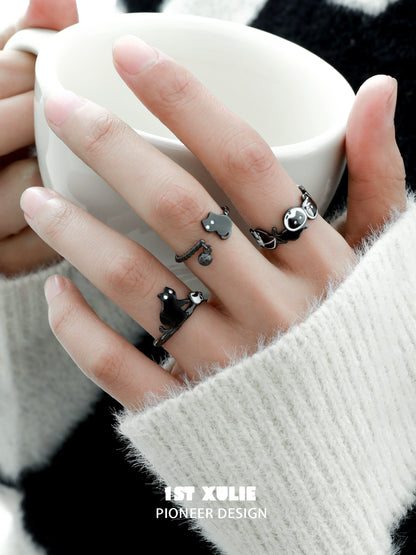 Trendy Y2K black cat ring set featuring cute cat designs perfect for fashion enthusiasts