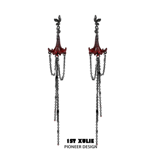Y2K blood mandala tassel earrings featuring intricate red and black design with chains