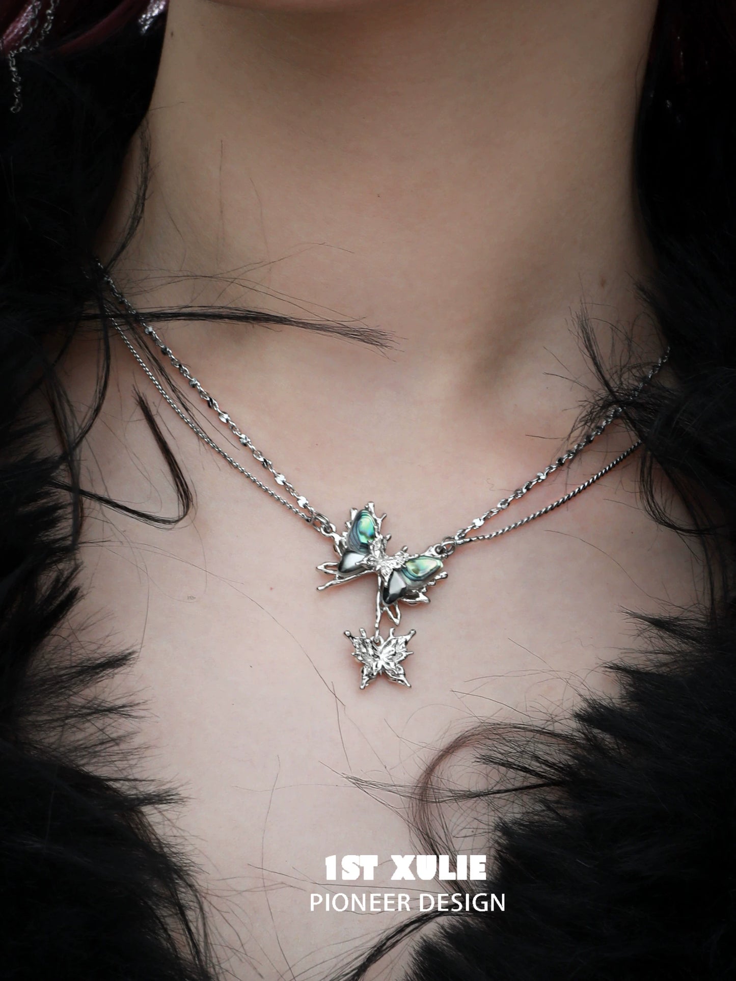 1ST XULIE Y2K butterfly necklace with layered silver chains and colorful butterfly pendant