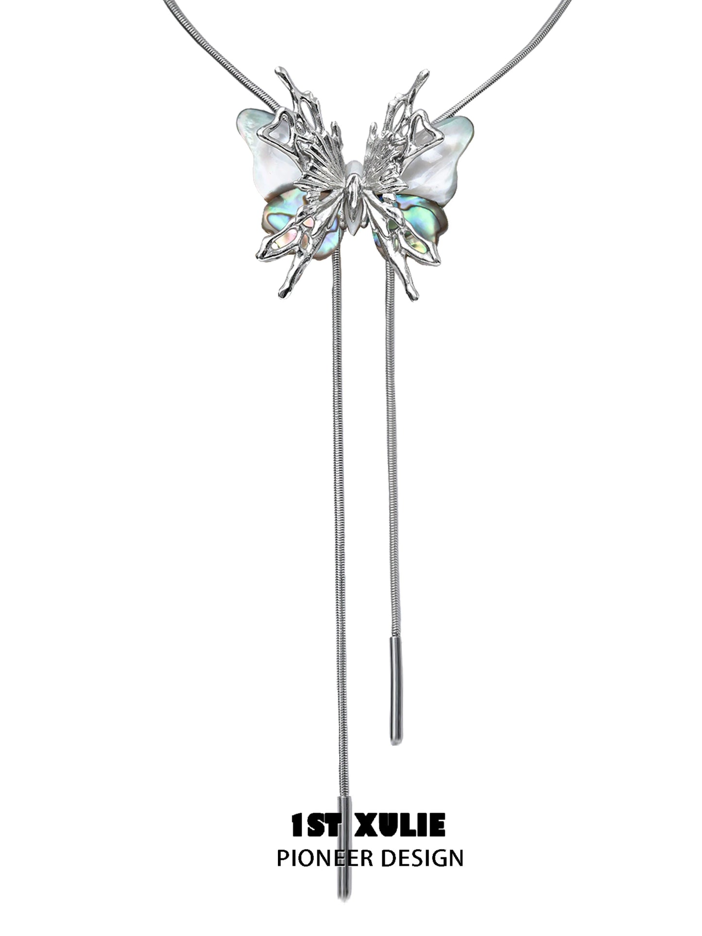 Y2K butterfly necklace in silver with iridescent wings and sleek design by 1STXULIE