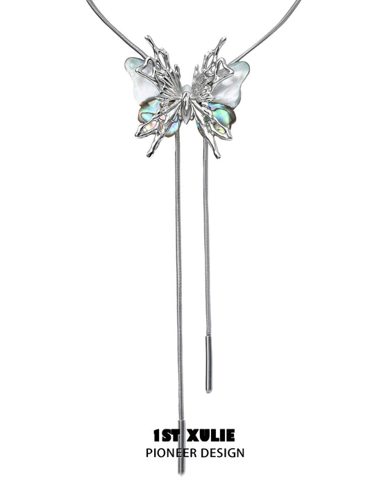 Y2K butterfly necklace in silver with iridescent wings and sleek design by 1STXULIE