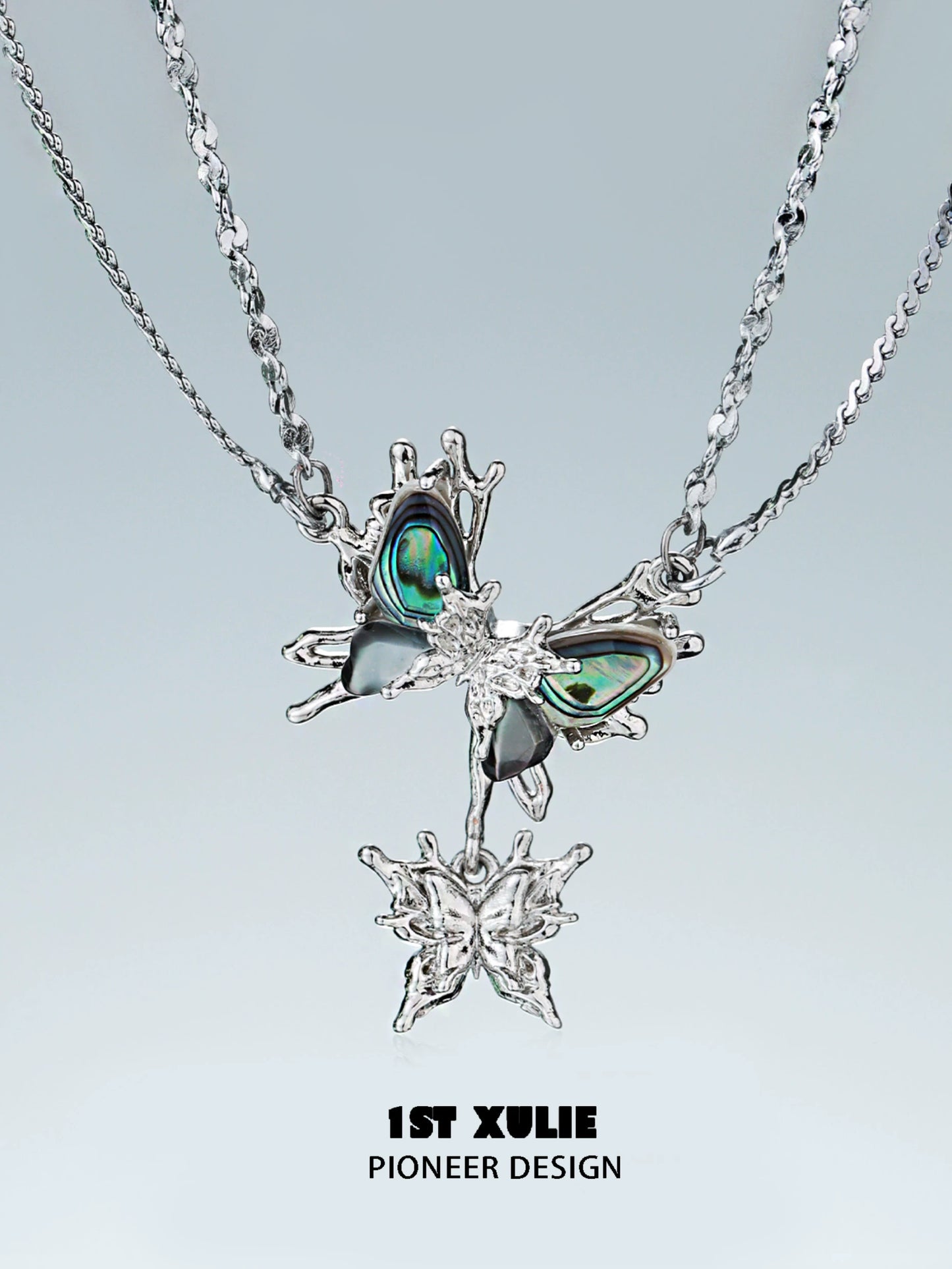 Y2K butterfly necklace featuring silver chains and colorful butterfly charms for stylish accessorizing