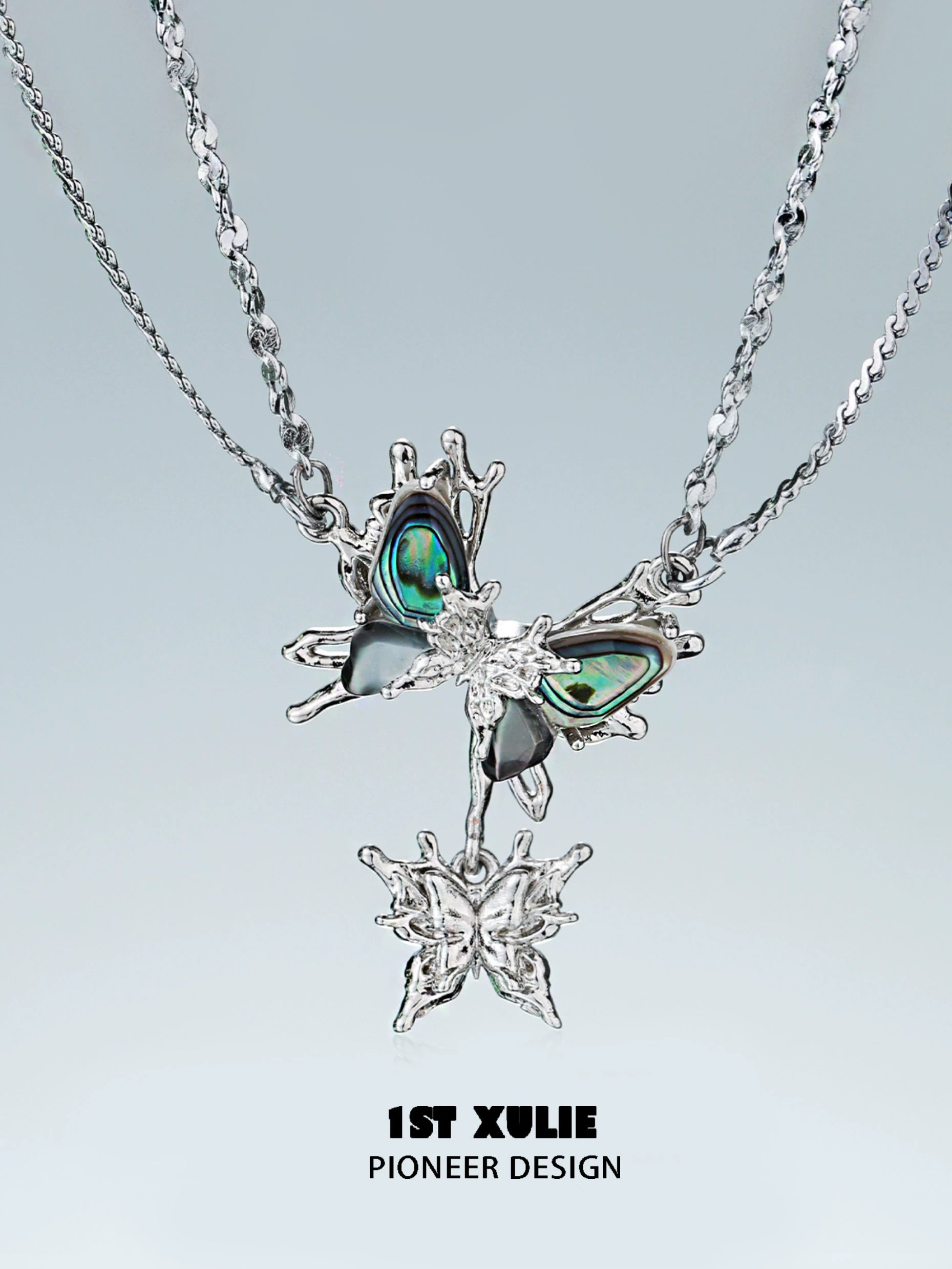 Y2K butterfly necklace featuring silver chains and colorful butterfly charms for stylish accessorizing