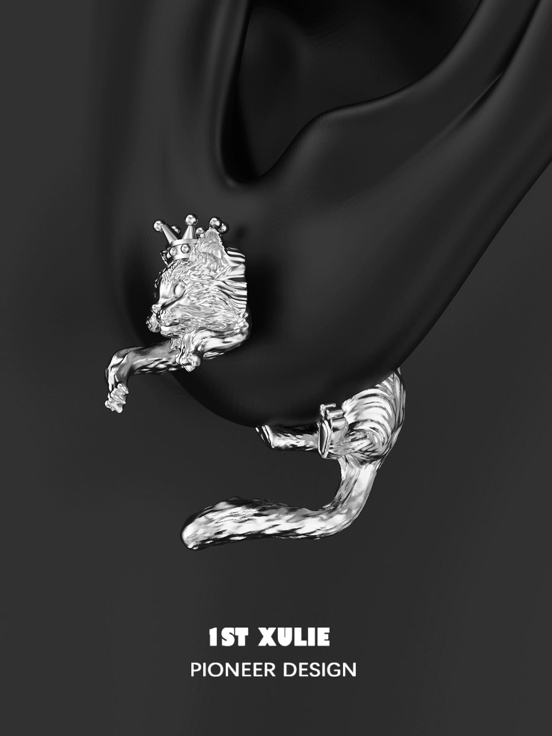 Silver y2k cat earrings featuring a unique lion design with crown details for a bold statement